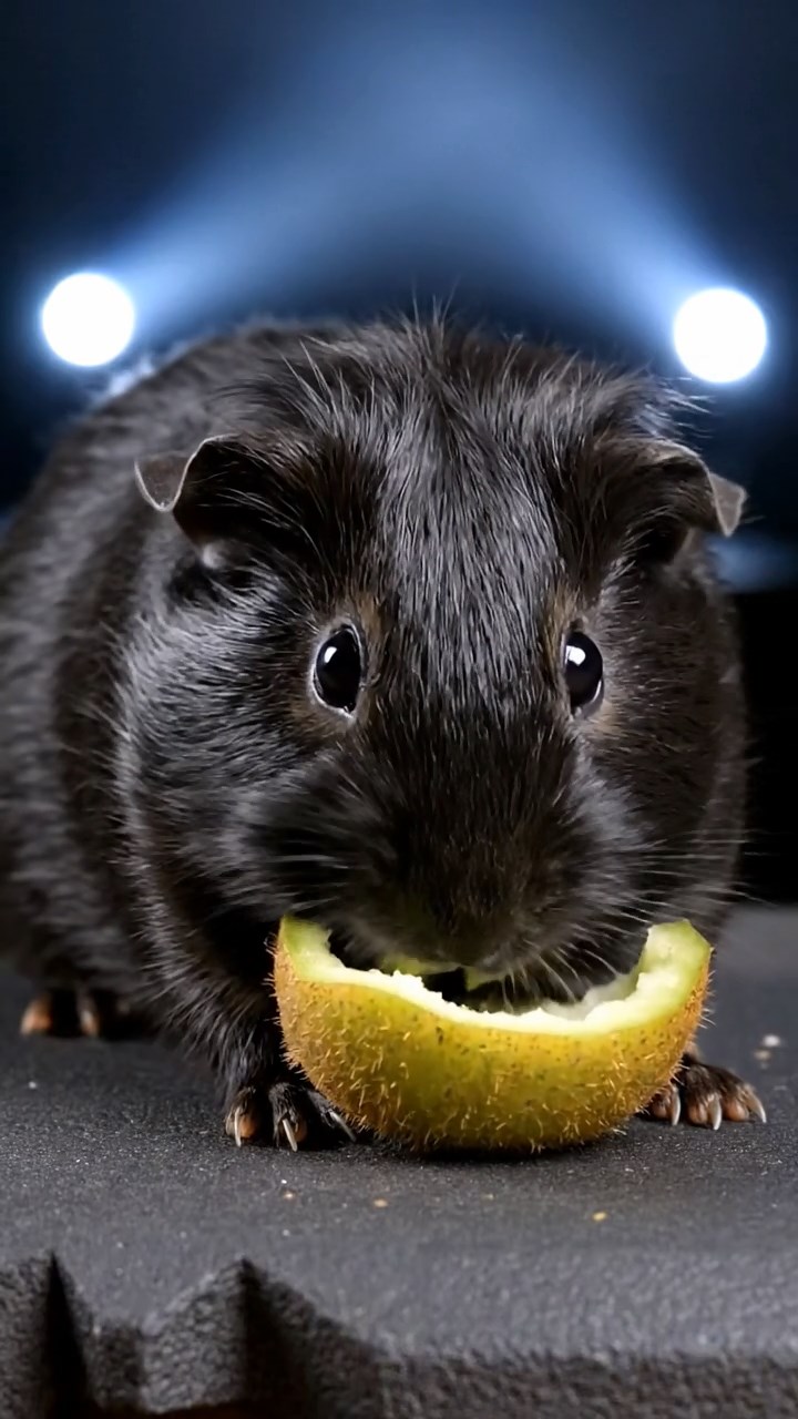 1474. Highly detailed view of 1 smooth-haired Silkie guinea pig with black fur, eating kiwi peels, on a defensive bunker roof with searchlights.