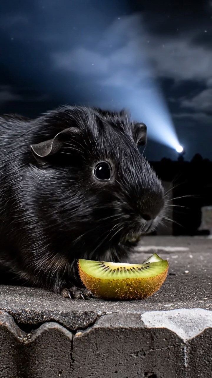 1474. Highly detailed view of 1 smooth-haired Silkie guinea pig with black fur, eating kiwi peels, on a defensive bunker roof with searchlights.
