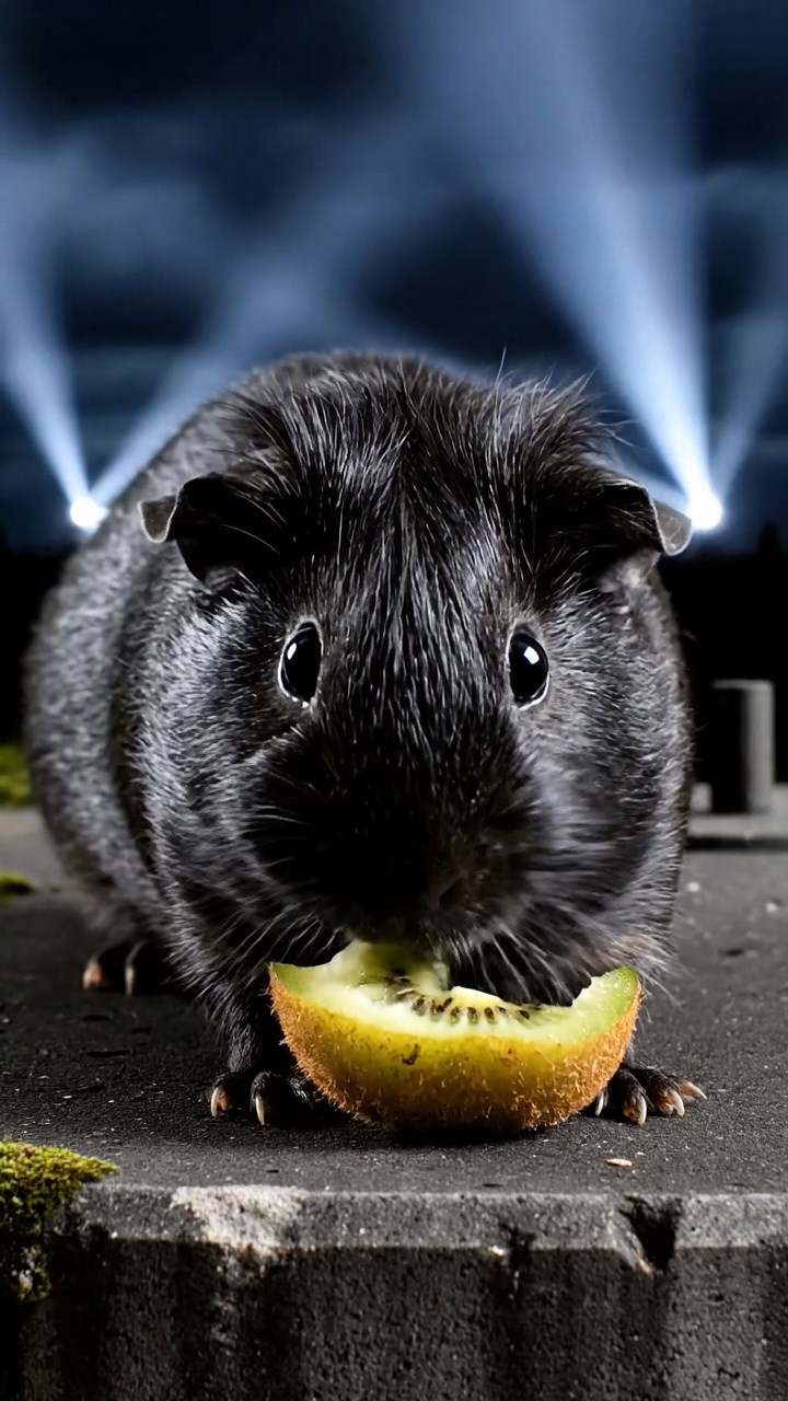 1474. Highly detailed view of 1 smooth-haired Silkie guinea pig with black fur, eating kiwi peels, on a defensive bunker roof with searchlights.