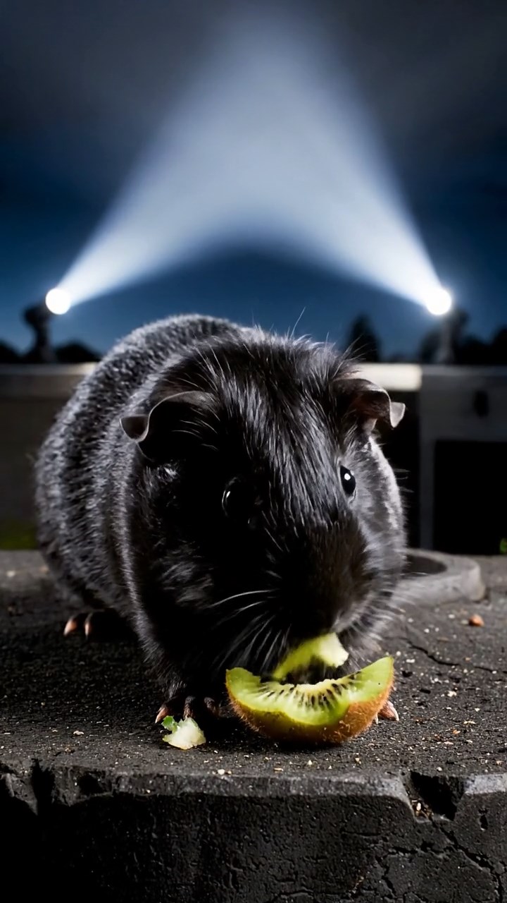 1474. Highly detailed view of 1 smooth-haired Silkie guinea pig with black fur, eating kiwi peels, on a defensive bunker roof with searchlights.