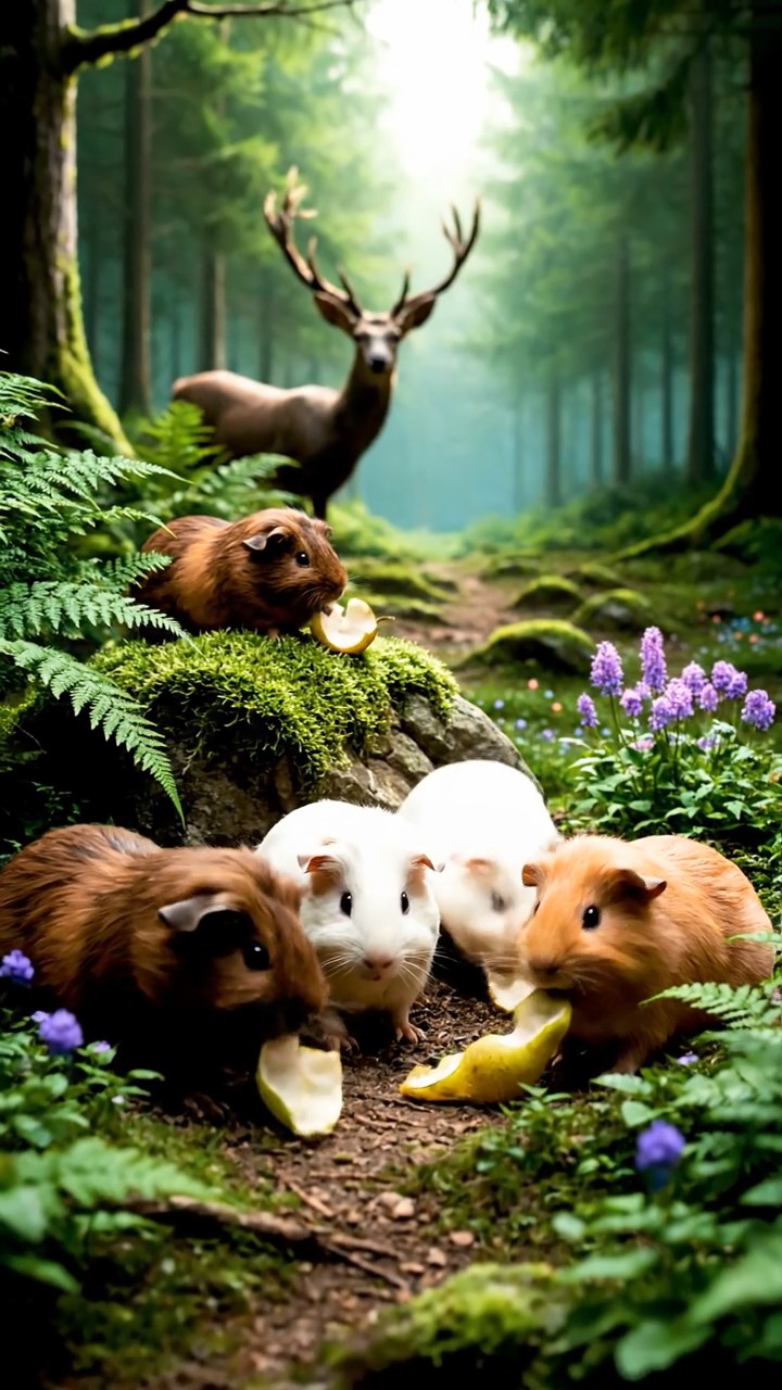 1475. Photorealistic scene of 5 smooth-haired Teddy guinea pigs in brown, cream, and fawn colors, nibbling on pear skins, in a enchanted evergreen glade with deer.