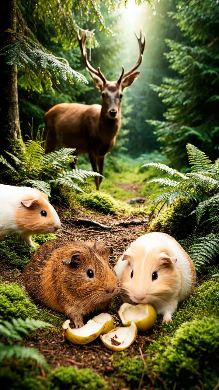 1475. Photorealistic scene of 5 smooth-haired Teddy guinea pigs in brown, cream, and fawn colors, nibbling on pear skins, in a enchanted evergreen glade with deer.