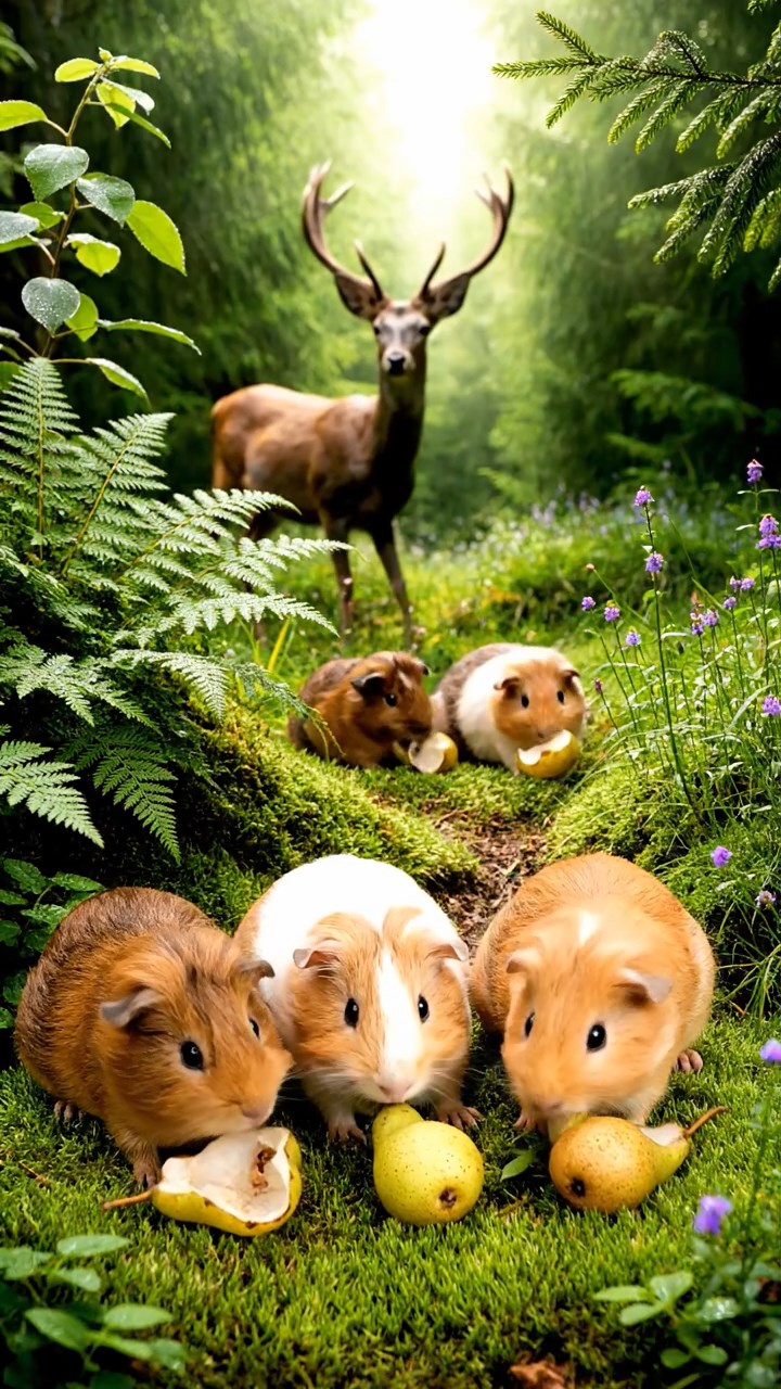 1475. Photorealistic scene of 5 smooth-haired Teddy guinea pigs in brown, cream, and fawn colors, nibbling on pear skins, in a enchanted evergreen glade with deer.