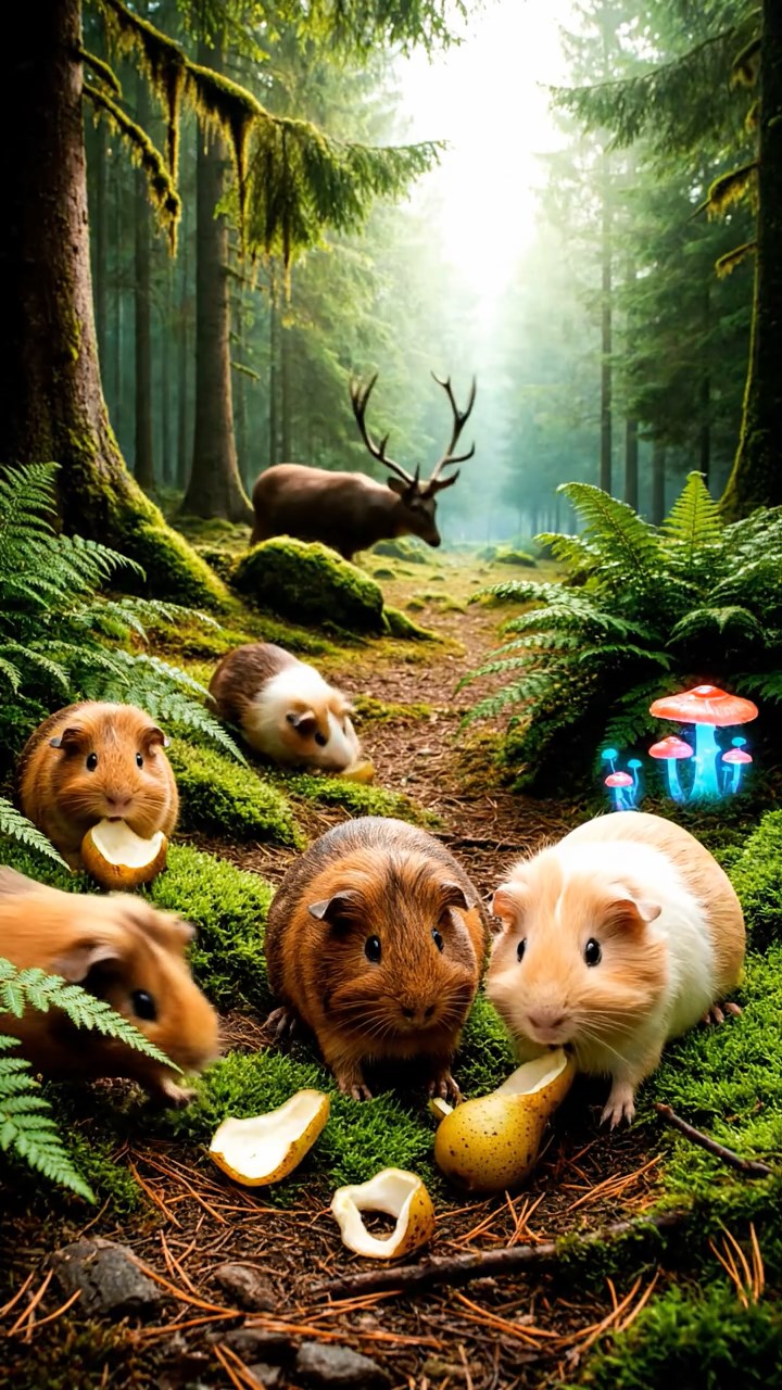 1475. Photorealistic scene of 5 smooth-haired Teddy guinea pigs in brown, cream, and fawn colors, nibbling on pear skins, in a enchanted evergreen glade with deer.