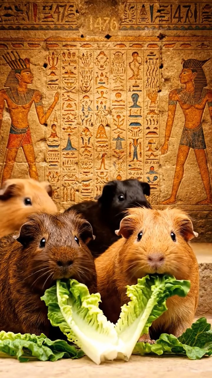 1476. Realistic depiction of 4 smooth-haired Texel guinea pigs with chocolate, cinnamon, and sable fur, chewing on romaine salads, inside a pharaonic crypt with wall paintings.