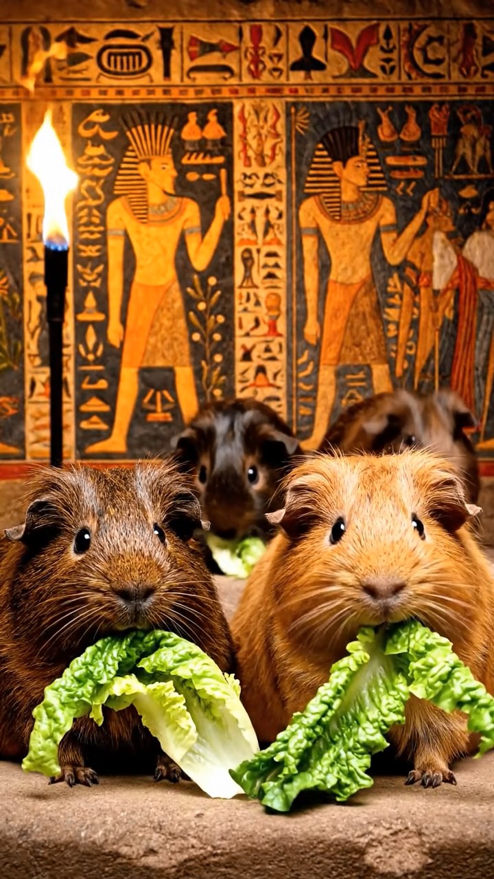 1476. Realistic depiction of 4 smooth-haired Texel guinea pigs with chocolate, cinnamon, and sable fur, chewing on romaine salads, inside a pharaonic crypt with wall paintings.