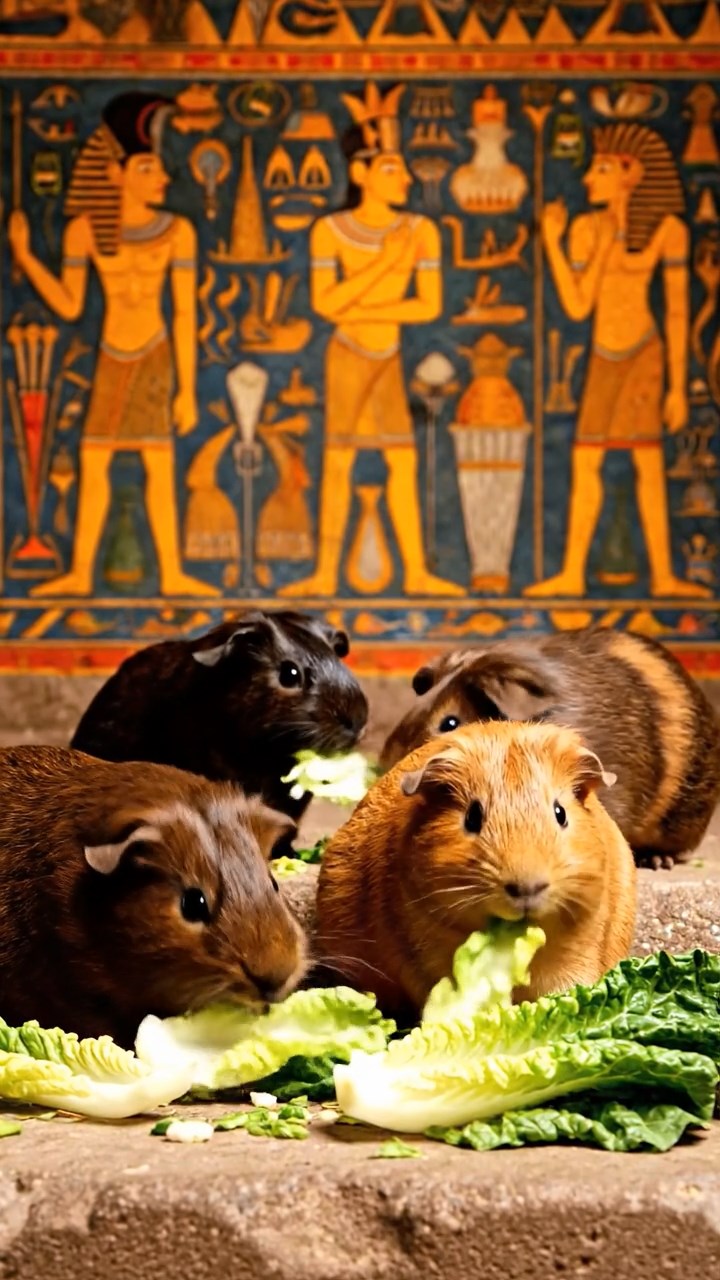 1476. Realistic depiction of 4 smooth-haired Texel guinea pigs with chocolate, cinnamon, and sable fur, chewing on romaine salads, inside a pharaonic crypt with wall paintings.