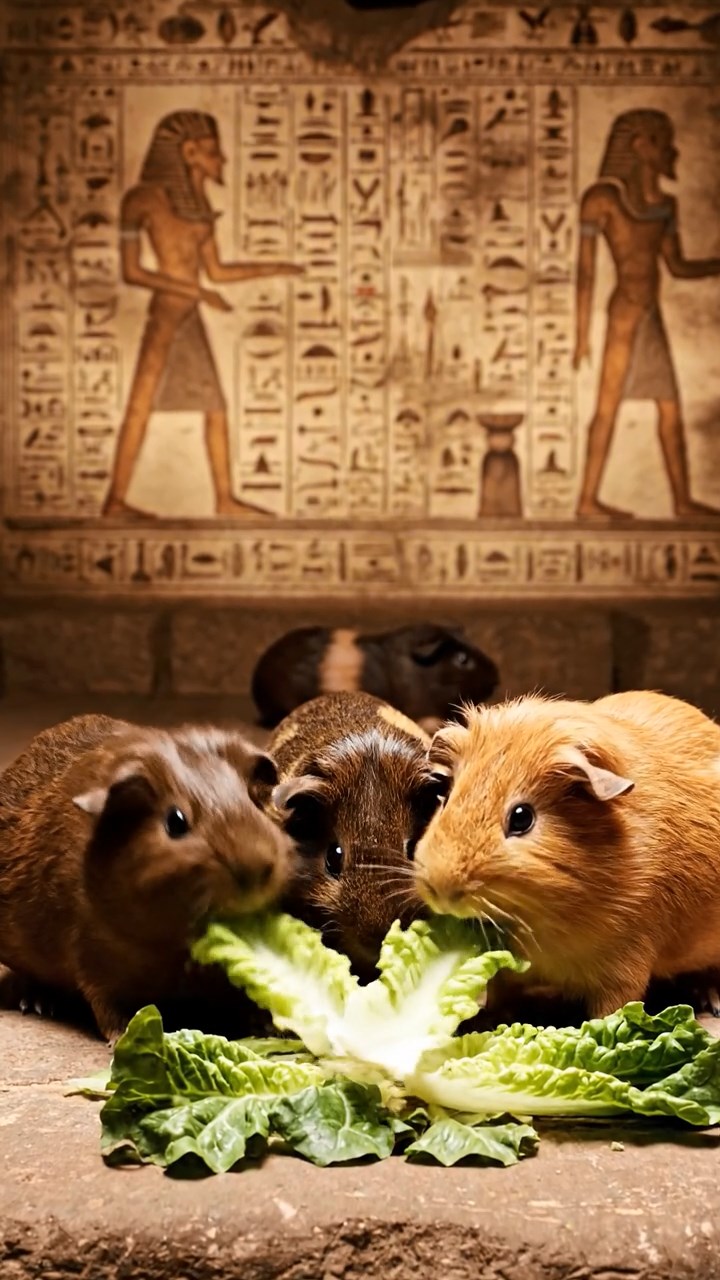 1476. Realistic depiction of 4 smooth-haired Texel guinea pigs with chocolate, cinnamon, and sable fur, chewing on romaine salads, inside a pharaonic crypt with wall paintings.