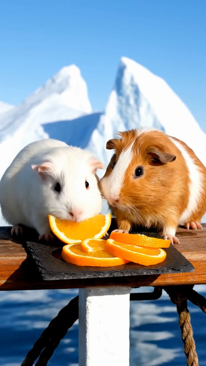 1477. Detailed photo of 2 smooth-haired Rex guinea pigs featuring white and orange coats, sharing orange slices, on a expedition ship rail with icebergs.