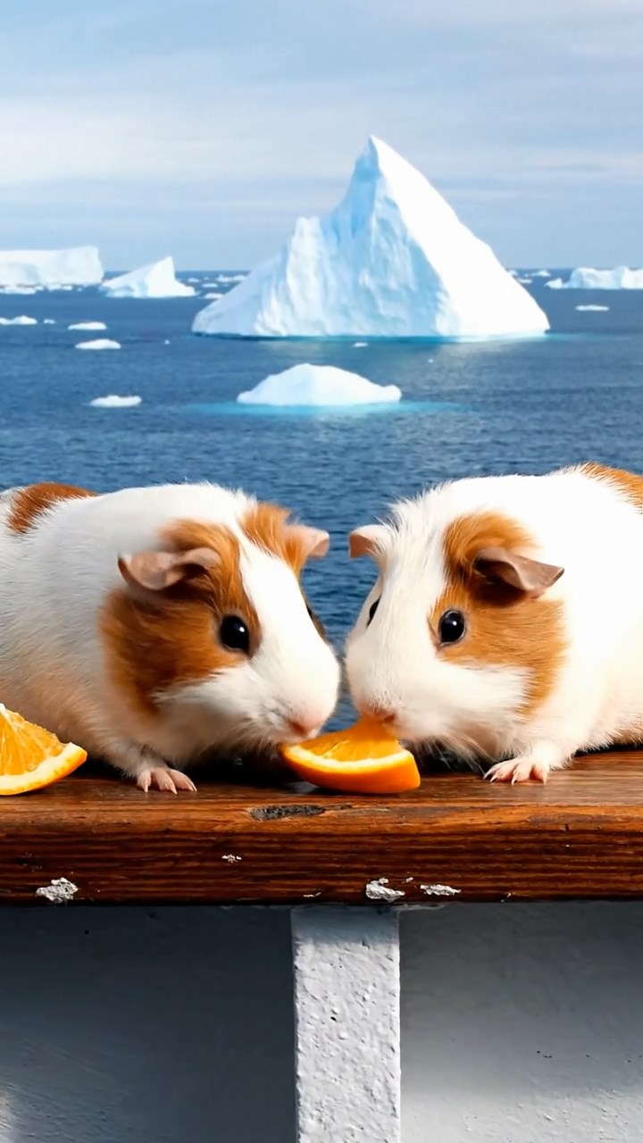 1477. Detailed photo of 2 smooth-haired Rex guinea pigs featuring white and orange coats, sharing orange slices, on a expedition ship rail with icebergs.
