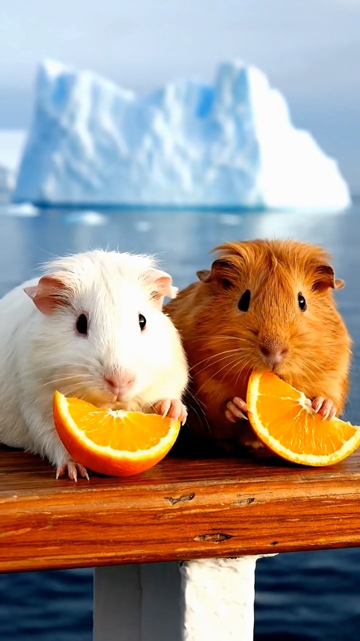 1477. Detailed photo of 2 smooth-haired Rex guinea pigs featuring white and orange coats, sharing orange slices, on a expedition ship rail with icebergs.