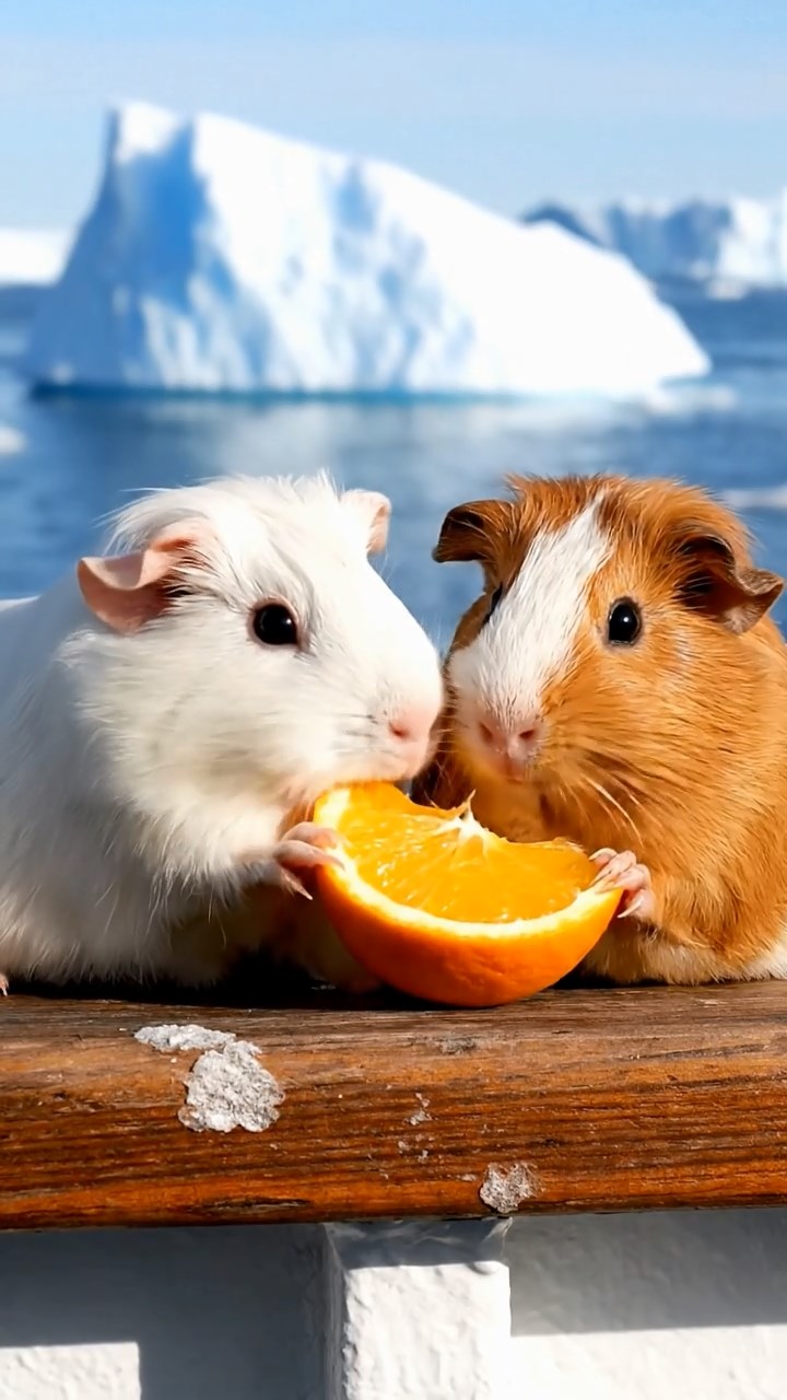 1477. Detailed photo of 2 smooth-haired Rex guinea pigs featuring white and orange coats, sharing orange slices, on a expedition ship rail with icebergs.