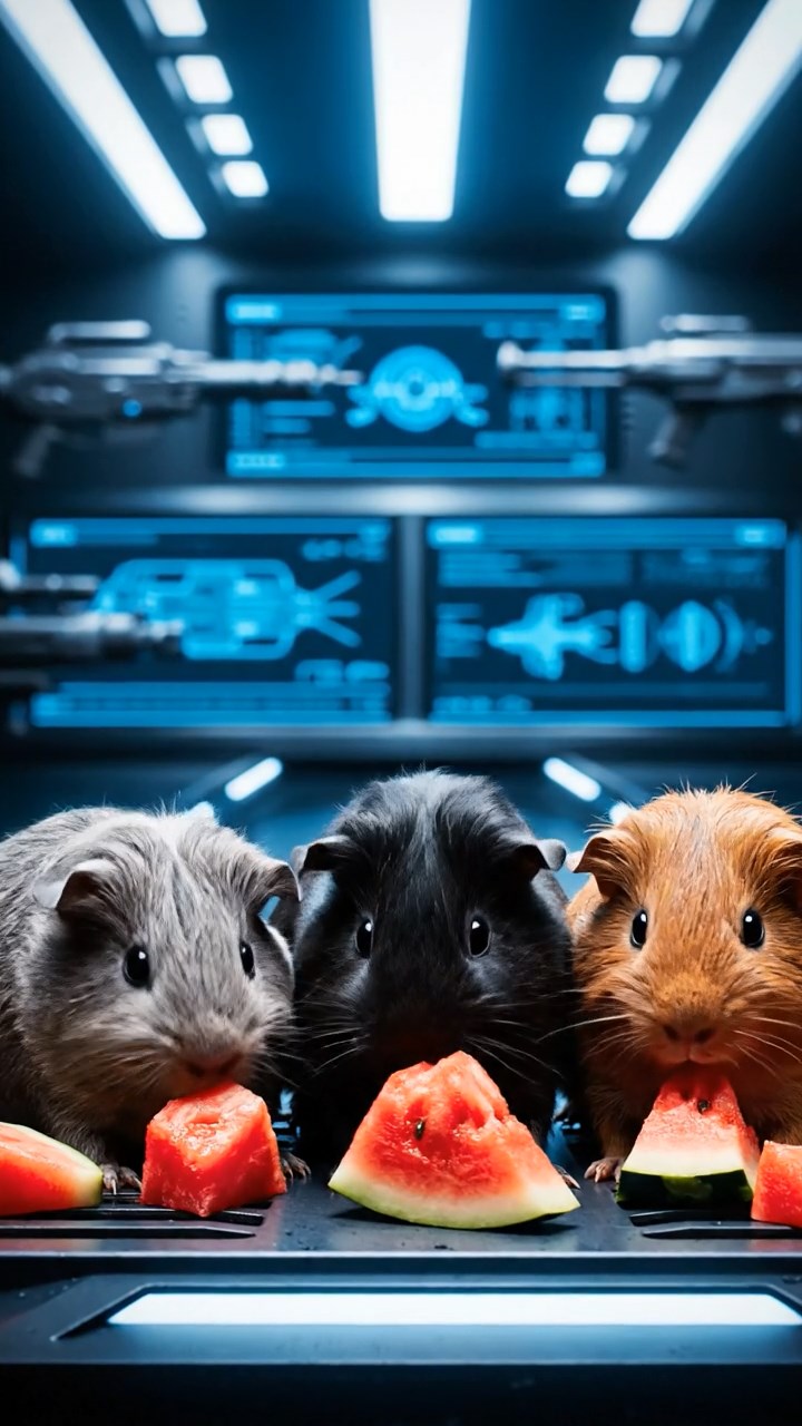 1478. Photorealistic image of 3 smooth-haired Coronet guinea pigs with gray, black, and brown fur, munching on watermelon chunks, in a vigilante's high-tech lair with weapons.