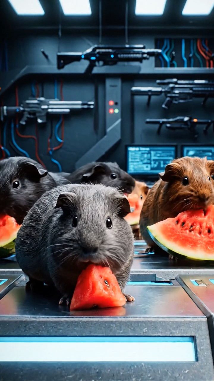 1478. Photorealistic image of 3 smooth-haired Coronet guinea pigs with gray, black, and brown fur, munching on watermelon chunks, in a vigilante's high-tech lair with weapons.