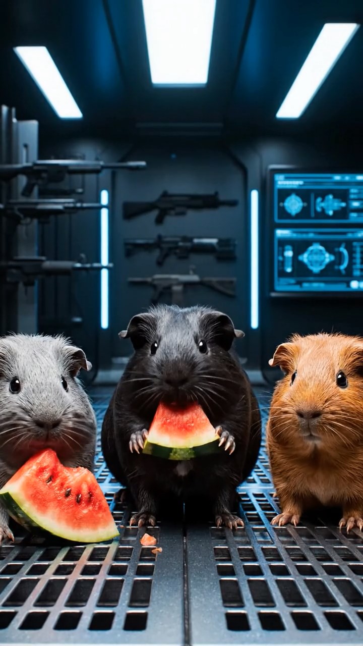 1478. Photorealistic image of 3 smooth-haired Coronet guinea pigs with gray, black, and brown fur, munching on watermelon chunks, in a vigilante's high-tech lair with weapons.