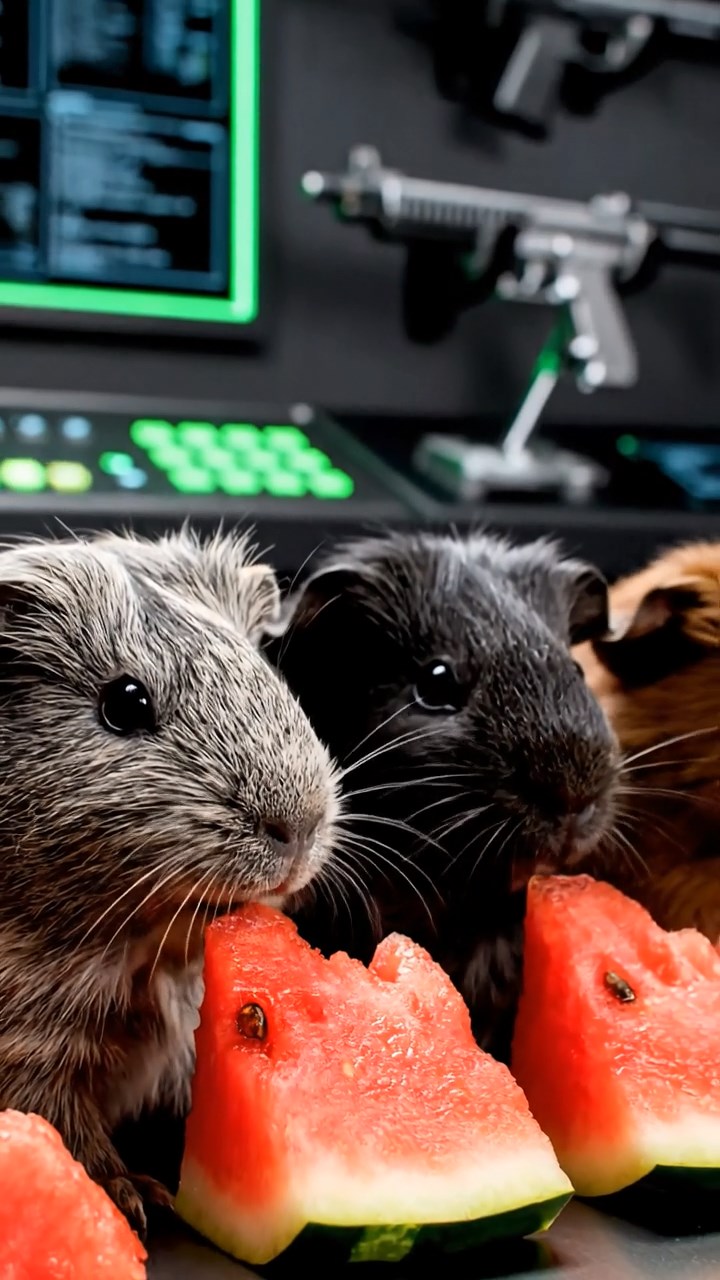 1478. Photorealistic image of 3 smooth-haired Coronet guinea pigs with gray, black, and brown fur, munching on watermelon chunks, in a vigilante's high-tech lair with weapons.