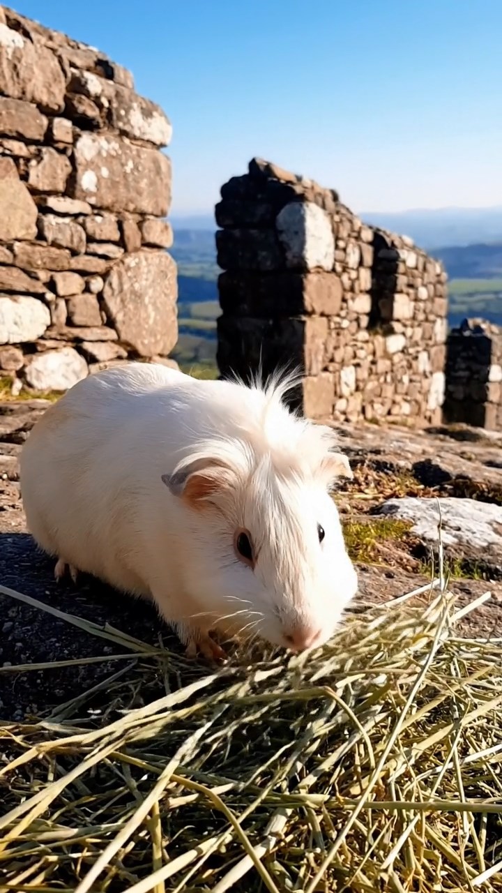 1479. Realistic scene of 1 smooth-haired White Crested guinea pig with cream fur, eating timothy hay, along a fortified wall path with valleys below.