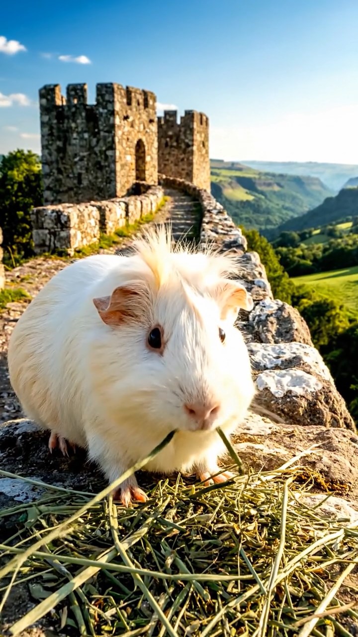 1479. Realistic scene of 1 smooth-haired White Crested guinea pig with cream fur, eating timothy hay, along a fortified wall path with valleys below.
