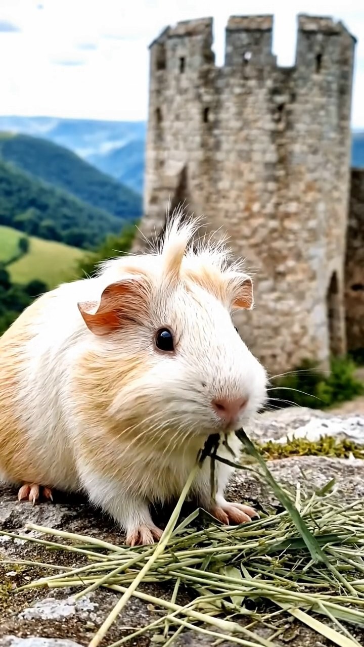 1479. Realistic scene of 1 smooth-haired White Crested guinea pig with cream fur, eating timothy hay, along a fortified wall path with valleys below.