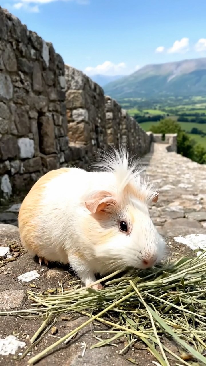 1479. Realistic scene of 1 smooth-haired White Crested guinea pig with cream fur, eating timothy hay, along a fortified wall path with valleys below.