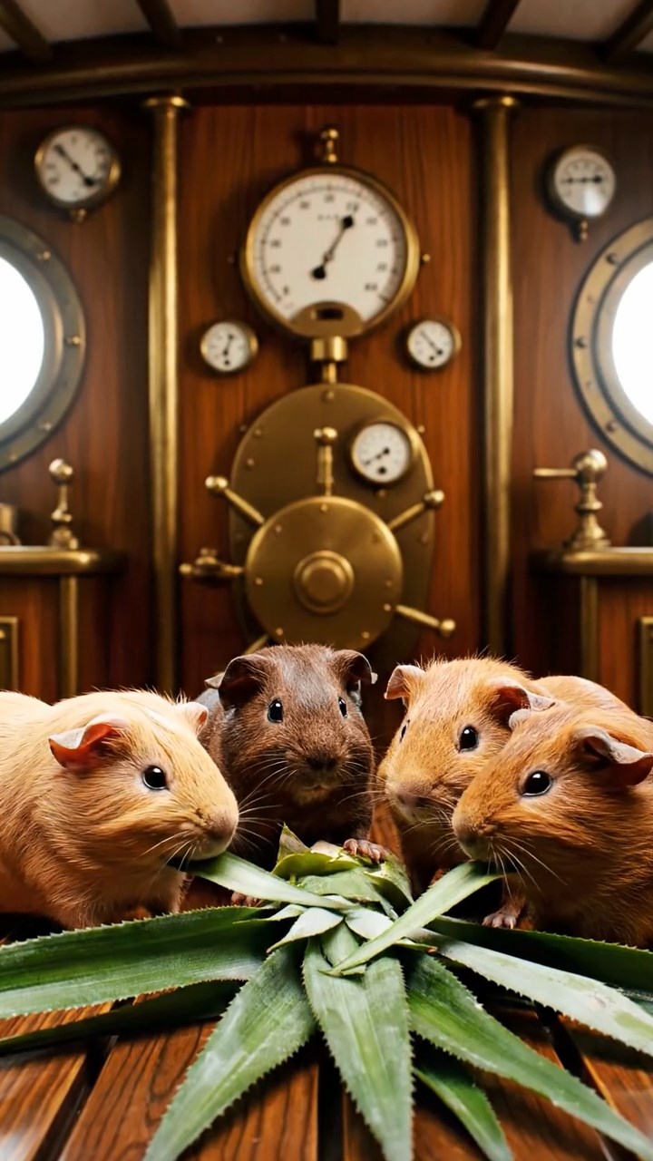 1480. Highly detailed view of 4 smooth-haired Skinny guinea pigs in fawn, chocolate, and cinnamon colors, nibbling on pineapple leaves, inside a underwater vessel wardroom with gauges.