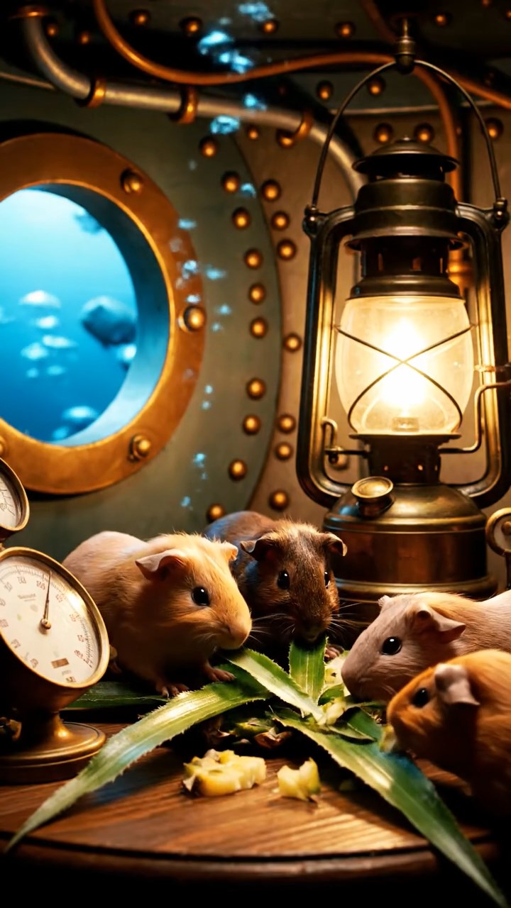 1480. Highly detailed view of 4 smooth-haired Skinny guinea pigs in fawn, chocolate, and cinnamon colors, nibbling on pineapple leaves, inside a underwater vessel wardroom with gauges.