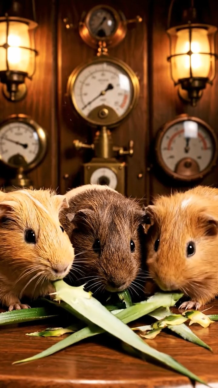 1480. Highly detailed view of 4 smooth-haired Skinny guinea pigs in fawn, chocolate, and cinnamon colors, nibbling on pineapple leaves, inside a underwater vessel wardroom with gauges.