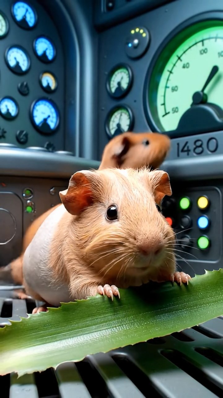 1480. Highly detailed view of 4 smooth-haired Skinny guinea pigs in fawn, chocolate, and cinnamon colors, nibbling on pineapple leaves, inside a underwater vessel wardroom with gauges.