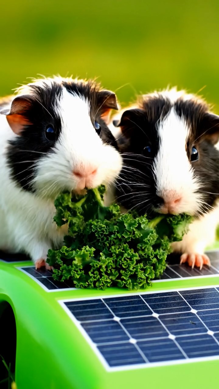 1481. Photorealistic photo of 2 smooth-haired American guinea pigs with sable and white fur, chewing on kale bunches, on a green energy race pod with solar panels.