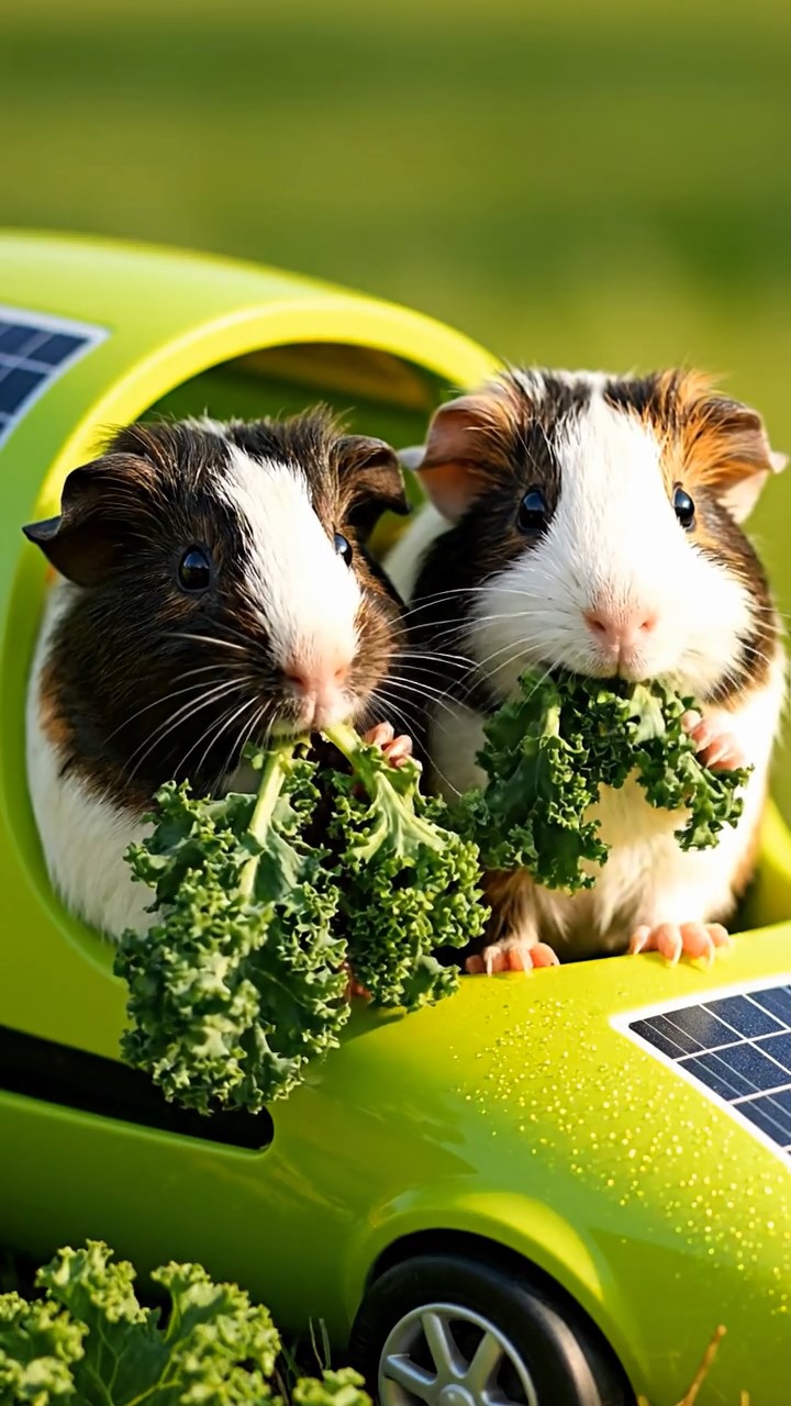 1481. Photorealistic photo of 2 smooth-haired American guinea pigs with sable and white fur, chewing on kale bunches, on a green energy race pod with solar panels.