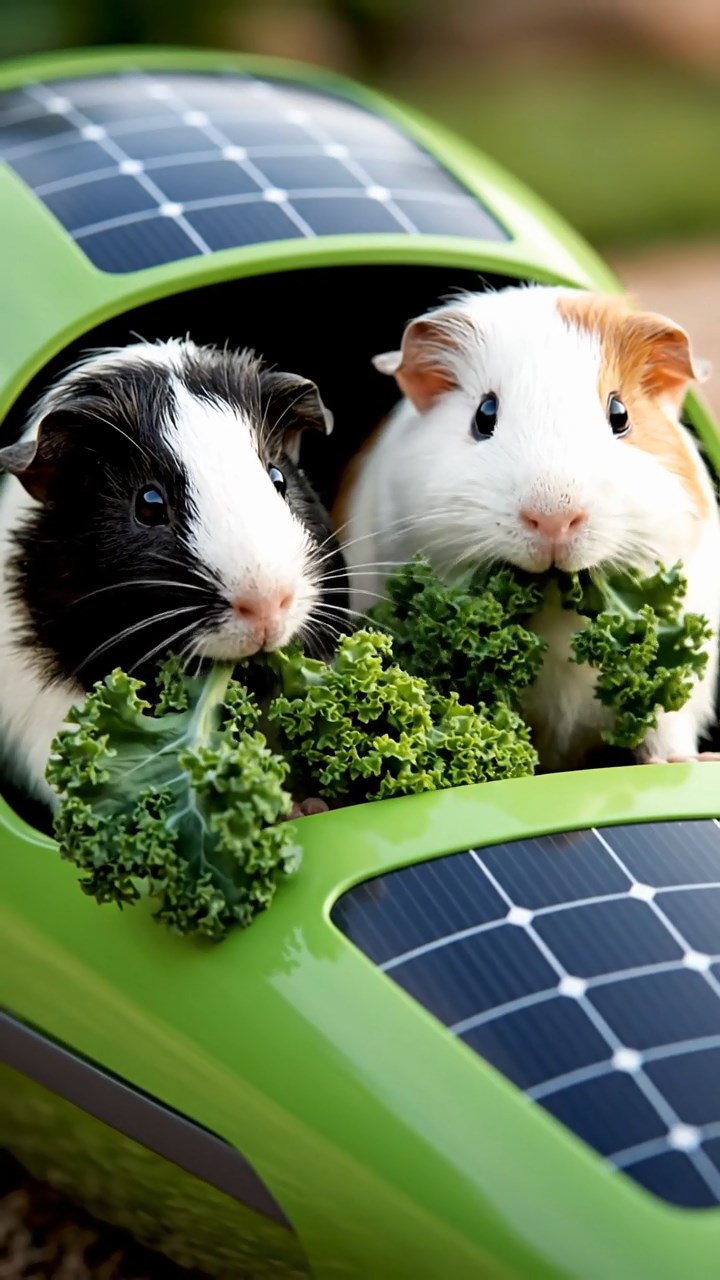 1481. Photorealistic photo of 2 smooth-haired American guinea pigs with sable and white fur, chewing on kale bunches, on a green energy race pod with solar panels.