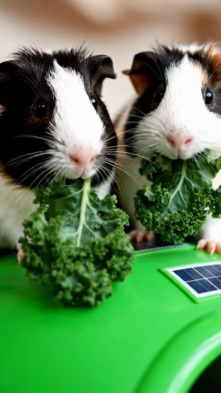 1481. Photorealistic photo of 2 smooth-haired American guinea pigs with sable and white fur, chewing on kale bunches, on a green energy race pod with solar panels.