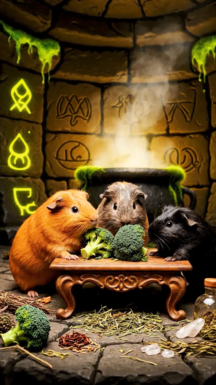 1482. Realistic depiction of 3 smooth-haired Abyssinian guinea pigs featuring orange, gray, and black coats, sharing broccoli heads, in a magical brewing chamber with herbs.