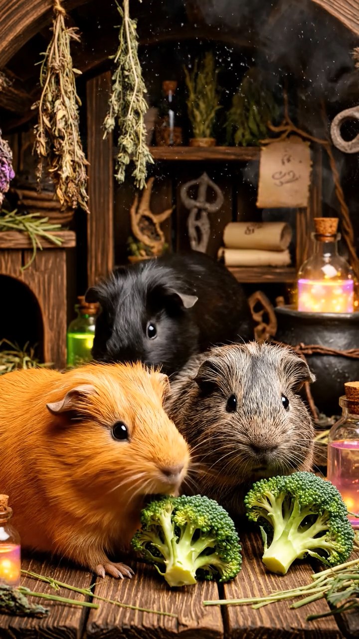 1482. Realistic depiction of 3 smooth-haired Abyssinian guinea pigs featuring orange, gray, and black coats, sharing broccoli heads, in a magical brewing chamber with herbs.