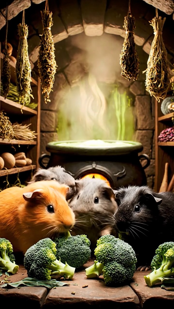 1482. Realistic depiction of 3 smooth-haired Abyssinian guinea pigs featuring orange, gray, and black coats, sharing broccoli heads, in a magical brewing chamber with herbs.