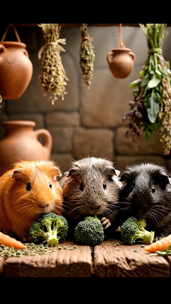 1482. Realistic depiction of 3 smooth-haired Abyssinian guinea pigs featuring orange, gray, and black coats, sharing broccoli heads, in a magical brewing chamber with herbs.