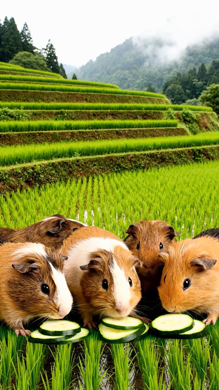1483. Detailed image of 5 smooth-haired Peruvian guinea pigs with brown, cream, and fawn fur, munching on zucchini slices, on a stepped rice field with misty mountains.