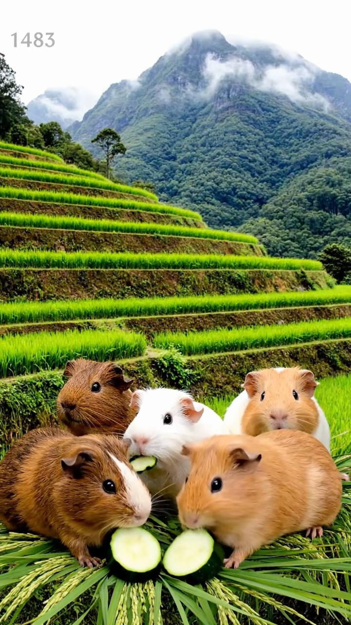 1483. Detailed image of 5 smooth-haired Peruvian guinea pigs with brown, cream, and fawn fur, munching on zucchini slices, on a stepped rice field with misty mountains.