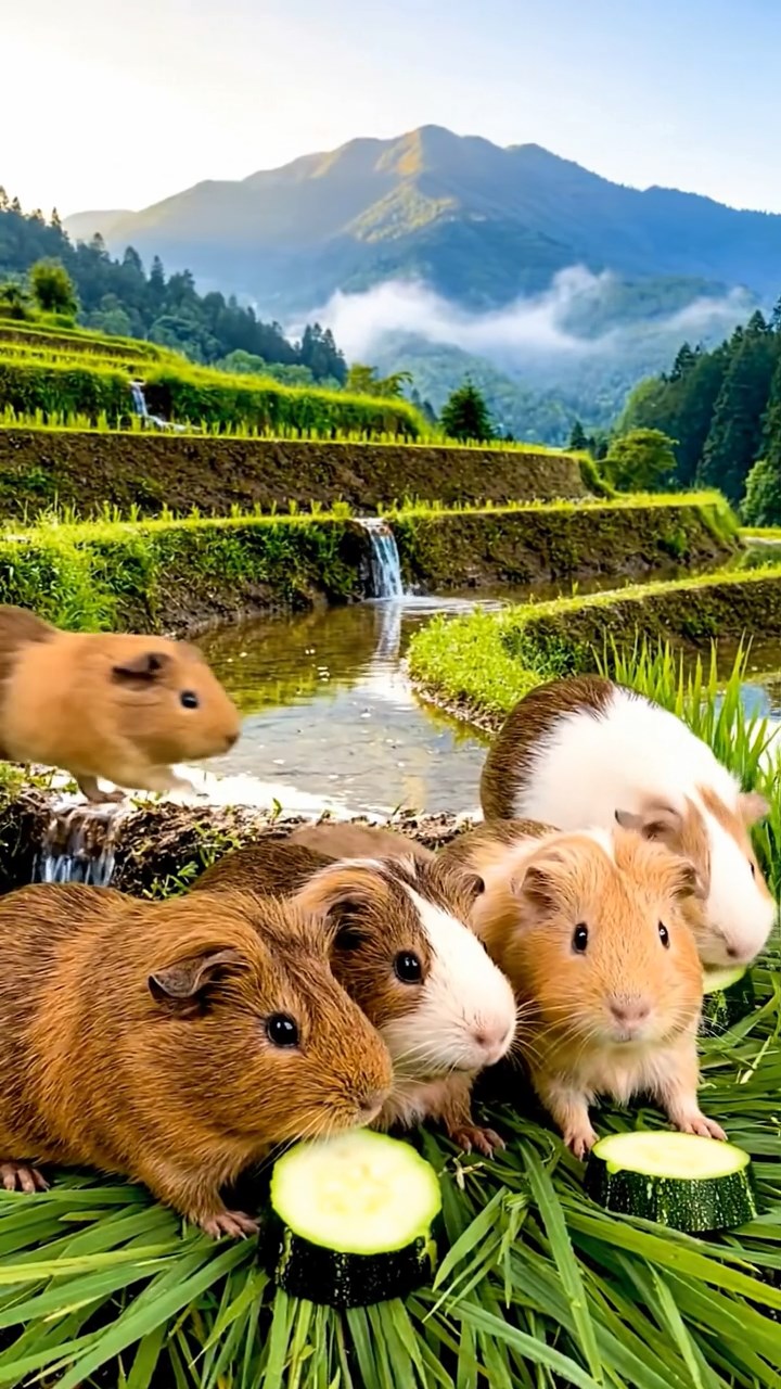 1483. Detailed image of 5 smooth-haired Peruvian guinea pigs with brown, cream, and fawn fur, munching on zucchini slices, on a stepped rice field with misty mountains.