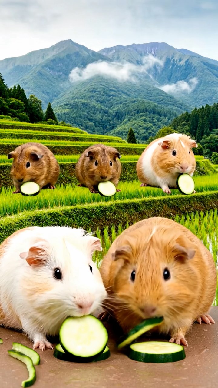 1483. Detailed image of 5 smooth-haired Peruvian guinea pigs with brown, cream, and fawn fur, munching on zucchini slices, on a stepped rice field with misty mountains.