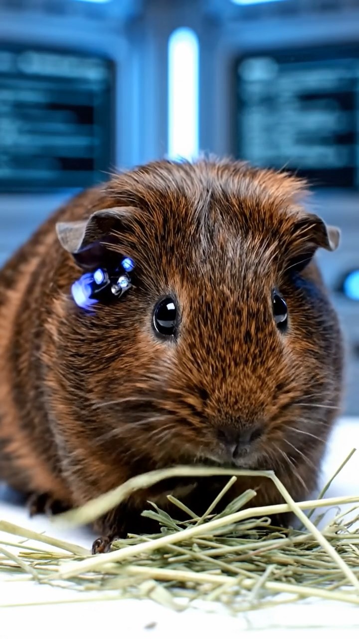 1484. Photorealistic scene of 1 smooth-haired Silkie guinea pig with chocolate fur, eating alfalfa hay, in a futuristic augmentation bay with cyber implants.