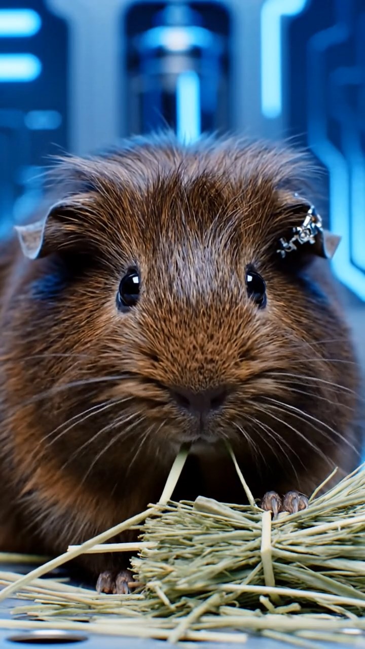 1484. Photorealistic scene of 1 smooth-haired Silkie guinea pig with chocolate fur, eating alfalfa hay, in a futuristic augmentation bay with cyber implants.
