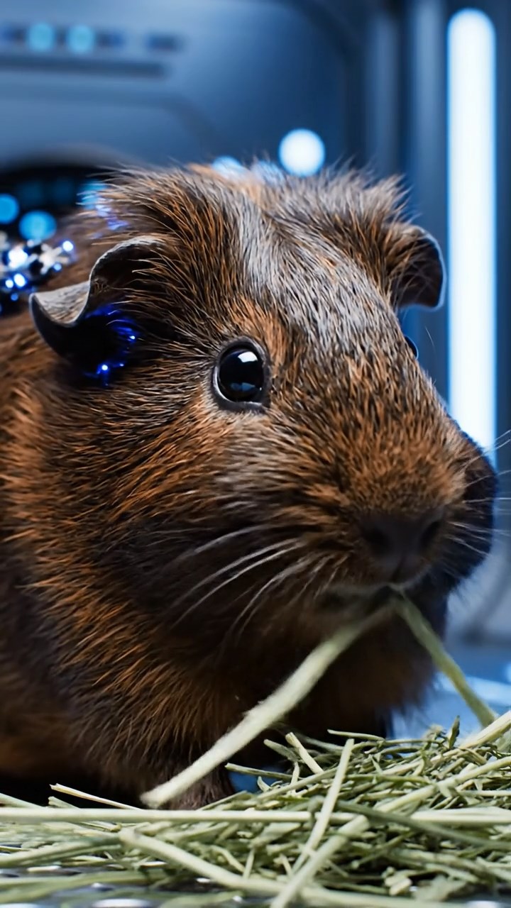 1484. Photorealistic scene of 1 smooth-haired Silkie guinea pig with chocolate fur, eating alfalfa hay, in a futuristic augmentation bay with cyber implants.