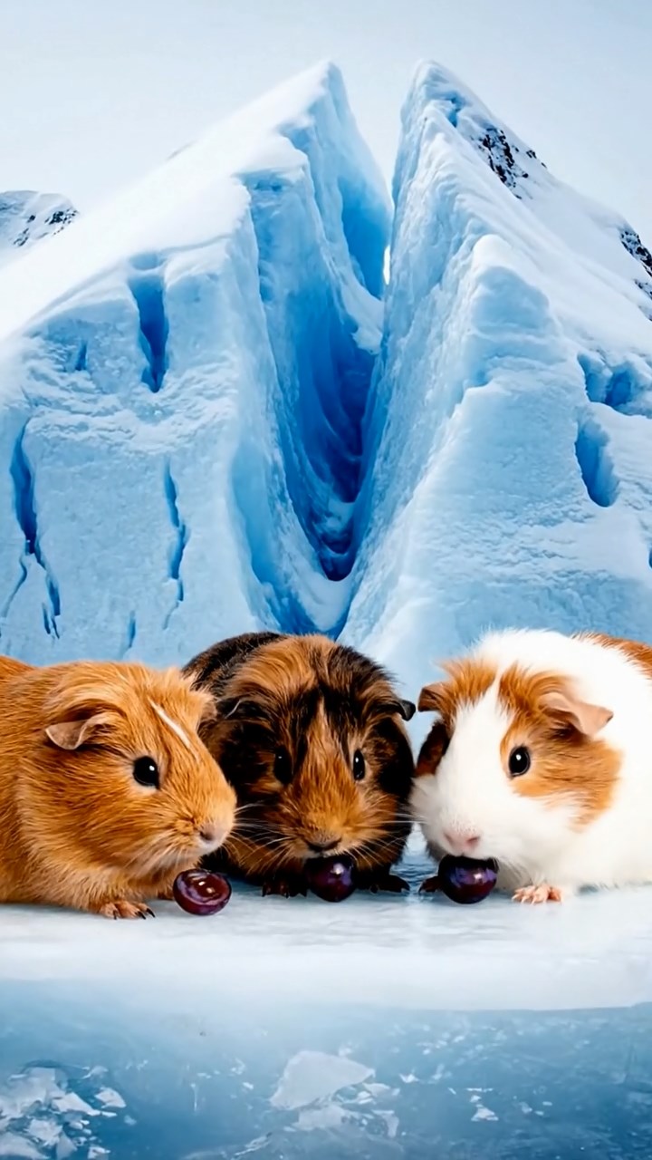 1485. Realistic photo of 4 smooth-haired Teddy guinea pigs in cinnamon, sable, and white colors, nibbling on grape halves, atop a glacial summit with crevasses.