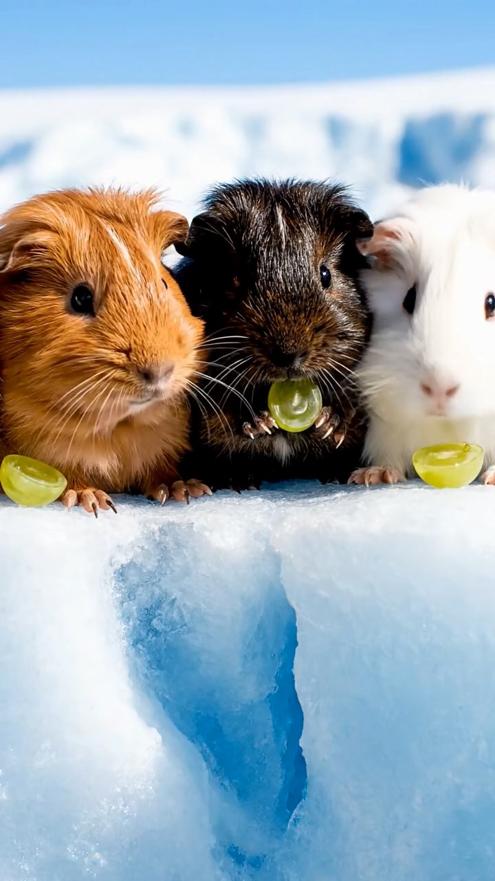 1485. Realistic photo of 4 smooth-haired Teddy guinea pigs in cinnamon, sable, and white colors, nibbling on grape halves, atop a glacial summit with crevasses.