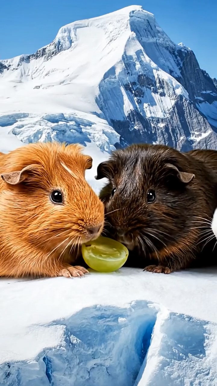 1485. Realistic photo of 4 smooth-haired Teddy guinea pigs in cinnamon, sable, and white colors, nibbling on grape halves, atop a glacial summit with crevasses.