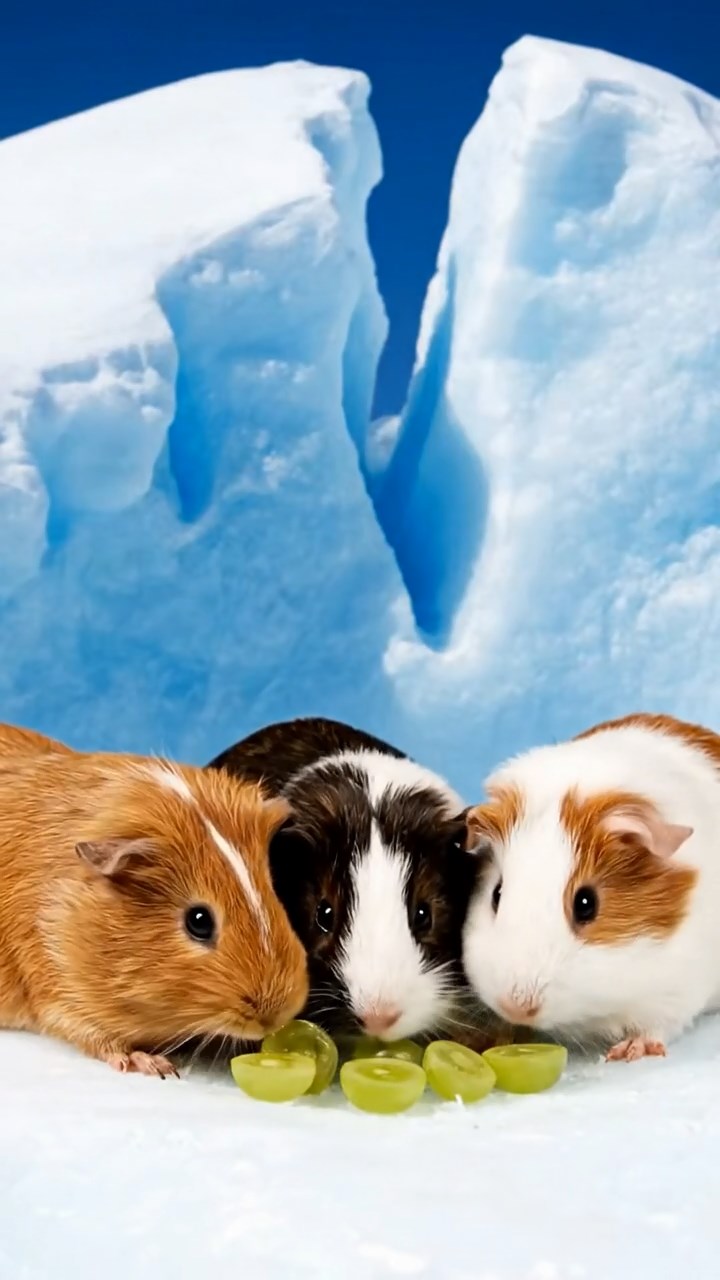 1485. Realistic photo of 4 smooth-haired Teddy guinea pigs in cinnamon, sable, and white colors, nibbling on grape halves, atop a glacial summit with crevasses.