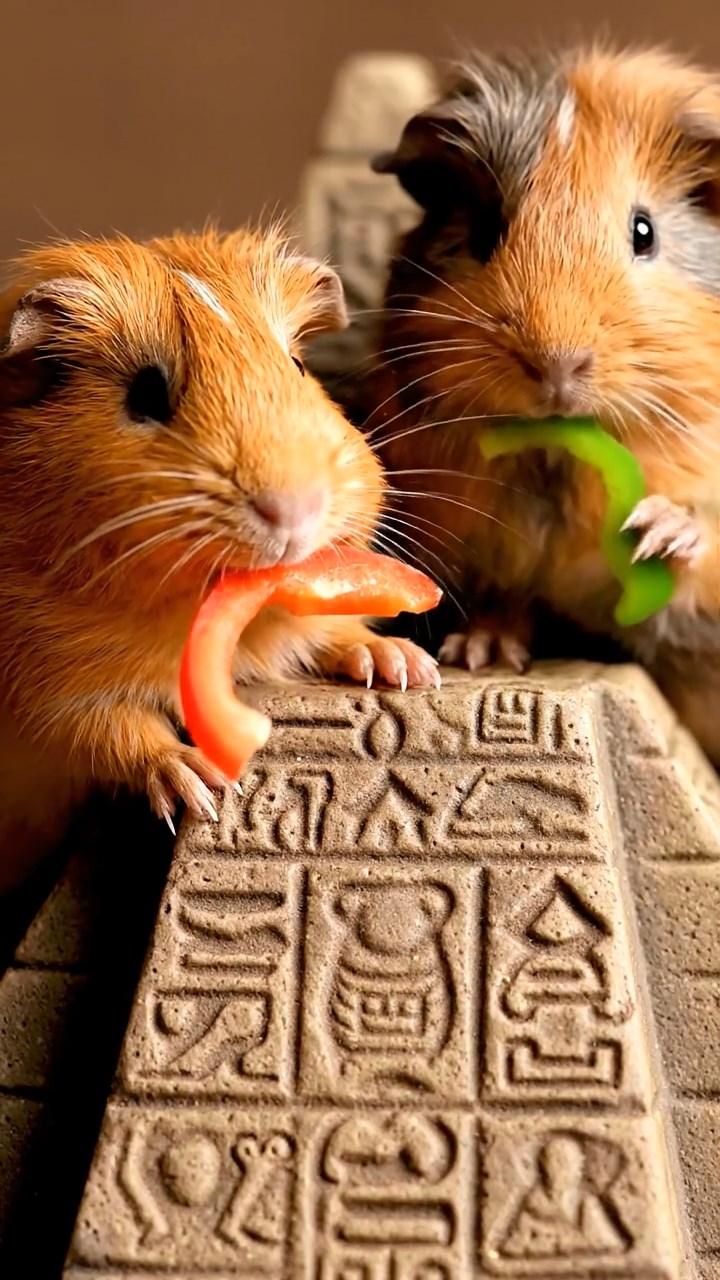 1486. Highly detailed view of 2 smooth-haired Texel guinea pigs with orange and gray fur, chewing on bell pepper strips, in a stepped stone pyramid apex with carvings.