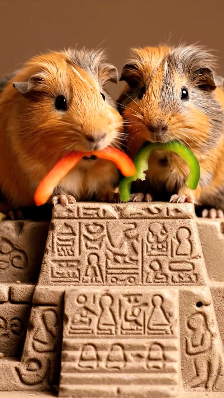 1486. Highly detailed view of 2 smooth-haired Texel guinea pigs with orange and gray fur, chewing on bell pepper strips, in a stepped stone pyramid apex with carvings.