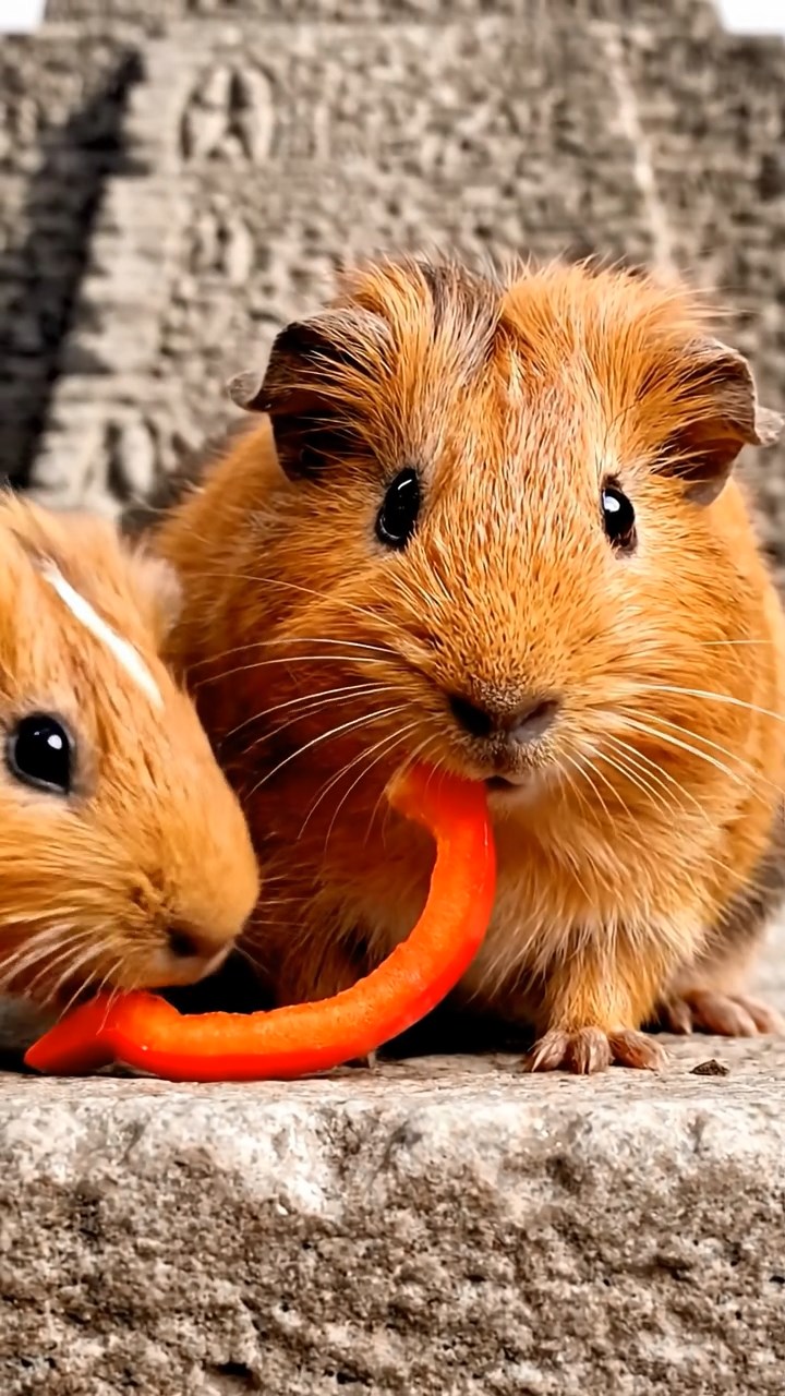 1486. Highly detailed view of 2 smooth-haired Texel guinea pigs with orange and gray fur, chewing on bell pepper strips, in a stepped stone pyramid apex with carvings.
